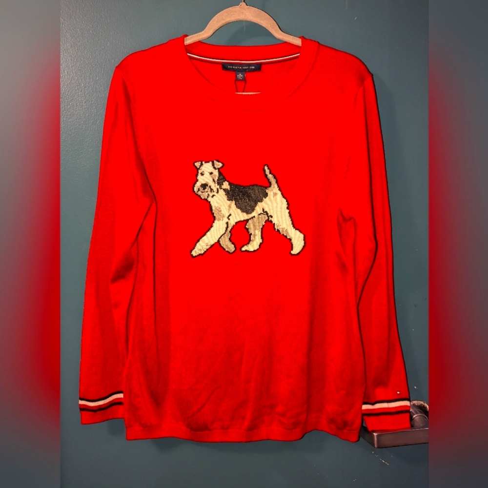 TOMMY HILFIGER Women's Plus Size Knit Dog Graphic Crewneck Sweater Top TEDO